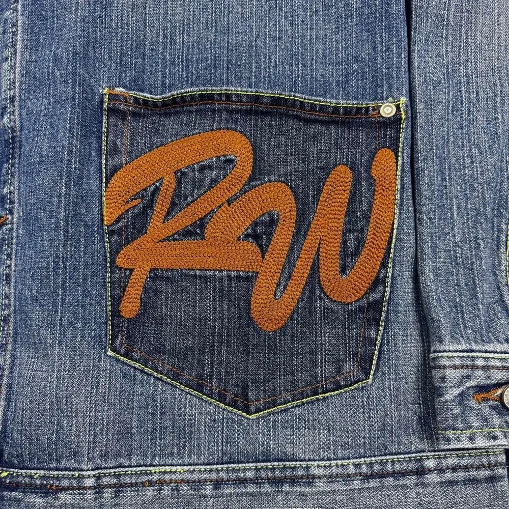 Y2K Vintage Rocawear Indigo Blue Denim Jacket with Orange 'RAW’ Embroidery Patch